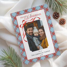 Tarjeta Festiva Elegante lazo rojo familia foto Plaid Feliz Navida