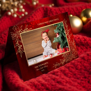 Tarjeta Festiva Elegante Línea de Oro Dibujada Navidades Botánica 