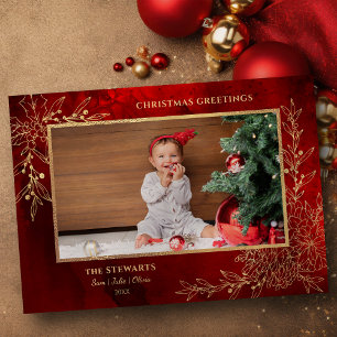 Tarjeta Festiva Elegante Línea de Oro Dibujada Navidades Botánica 