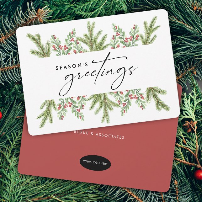 Tarjeta Festiva Elegante LOGO AÑADIDO A Empresas De Verdor De Invi (Elegant Winter Greenery Business ADD LOGO Holiday Card)