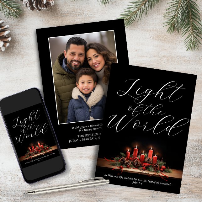 Tarjeta Festiva Elegante luz de la Biblia mundial contra Navidades (Elegant Light of the World Bible Verse Christmas Holiday Card)