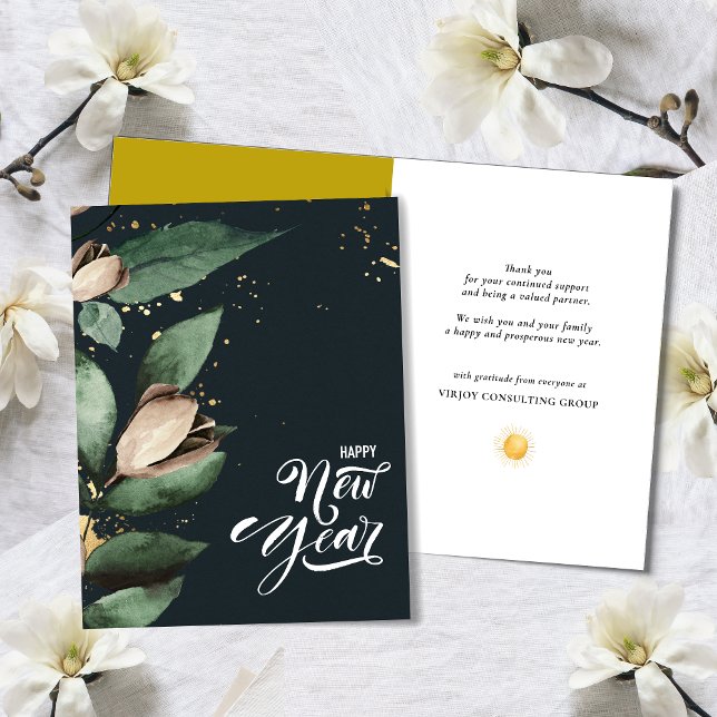 Tarjeta Festiva Elegante Magnolia Gold Confetti Foliage Corporate (Subido por el creador)