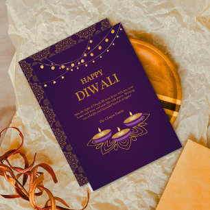 Tarjeta Festiva Elegante Mandala diyas personalizado oro Purple Di