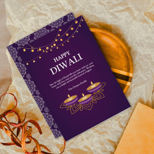 Tarjeta Festiva Elegante Mandala diyas personalizado Purple Diwali