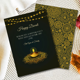 Tarjeta Festiva Elegante Mandala hindú de oro verde Diwali