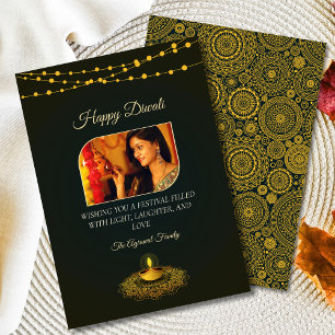Tarjeta Festiva Elegante Mandala Photo Green Gold Diwali