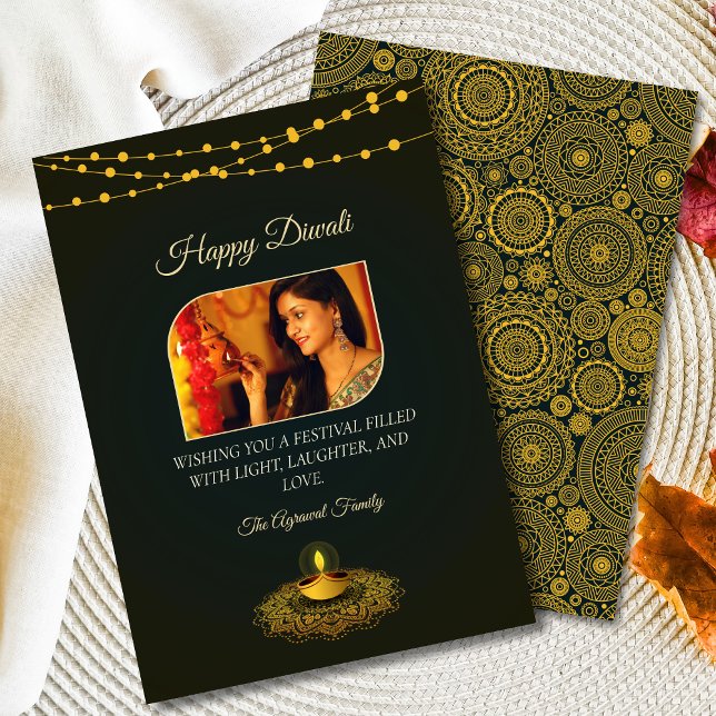 Tarjeta Festiva Elegante Mandala Photo Green Gold Diwali (Subido por el creador)
