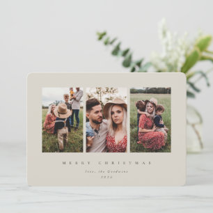 Tarjeta Festiva Elegante Marco Beige Mínimo Triple Foto