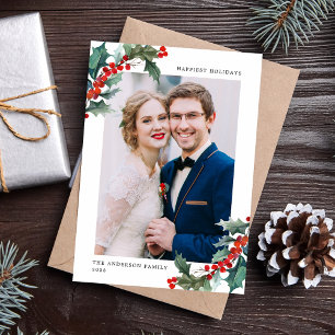 Tarjeta Festiva Elegante marco de foto de bayas de acebo con acuar