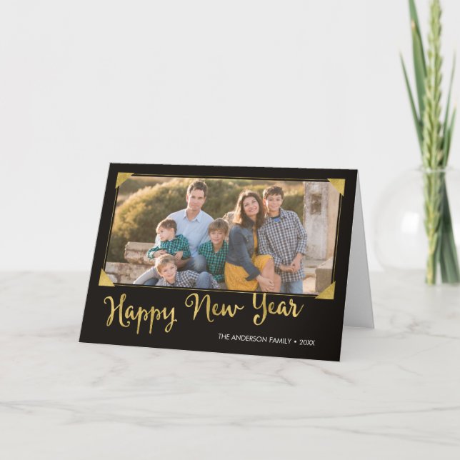 Tarjeta Festiva Elegante marco Faux Gold Happy New Year Photo (Anverso)