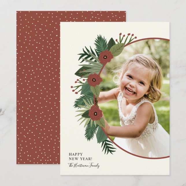 Tarjeta Festiva Elegante marco floral feliz foto de Año Nuevo (Anverso / Reverso)