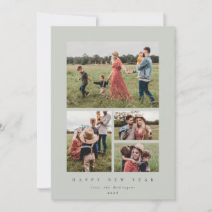 Tarjeta Festiva Elegante marco gris-verde 4 foto feliz año nuevo