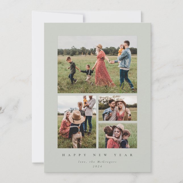 Tarjeta Festiva Elegante marco gris-verde 4 foto feliz año nuevo (Anverso)