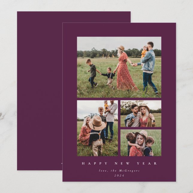Tarjeta Festiva Elegante marco Winterberry 4 Foto Feliz Año Nuevo (Anverso / Reverso)