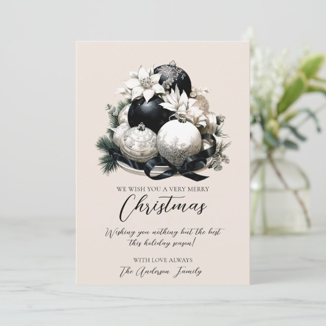 Tarjeta Festiva Elegante marfil beige negro adorno navideño (Anverso de pie)