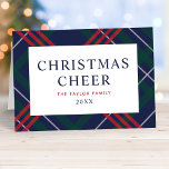 Tarjeta Festiva Elegante Marina Blue Tartan Plaid Navidades Saluda<br><div class="desc">Elegante tarjeta de vacaciones plegada presenta un clásico patrón de manteca de color azul marino, verde cazador y rojo tartán con elegante texto "Navidades Cheer" con nombre familiar y año que puede ser completamente personalizado. También se incluye un mensaje de script personalizado en el interior de la tarjeta. Personaliza tu...</div>