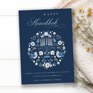 Tarjeta Festiva Elegante Marina Clásica Azul Feliz Floral Hanukkah