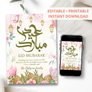 Tarjeta Festiva Elegante Mariposas Florales Acuarela Eid Mubarak