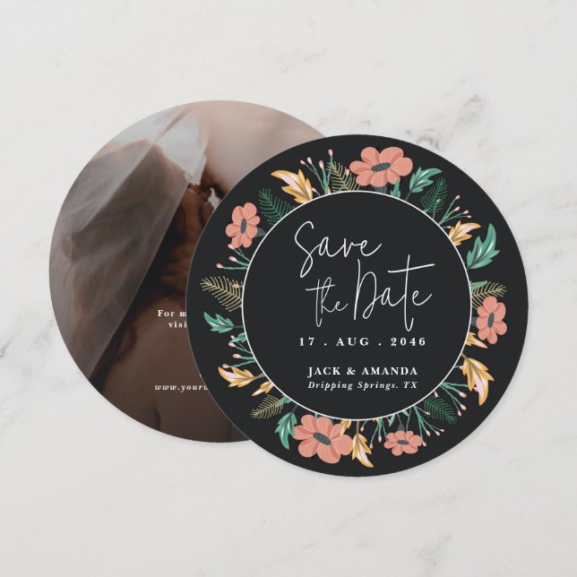 Tarjeta Festiva Elegante matrimonio de fotos de flores negras salv (Anverso / Reverso)