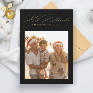 Tarjeta Festiva Elegante Mele Kalikimaka Foto tropical de oro negr