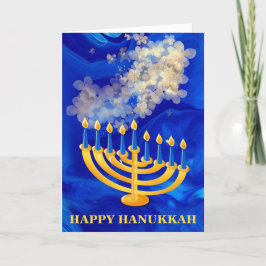 Tarjeta Festiva Elegante Menorah Azul Y Oro Feliz Hanukkah