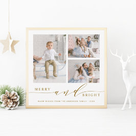Tarjeta Festiva Elegante Merry & Bright 3 Fotos Cuadrado de Oro 