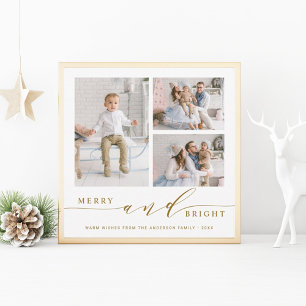 Tarjeta Festiva Elegante Merry & Bright 3 Fotos Cuadrado de Oro 