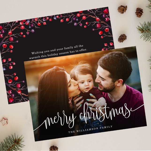Tarjeta Festiva Elegante Merry Christmas Berries Back Photo White (Subido por el creador)