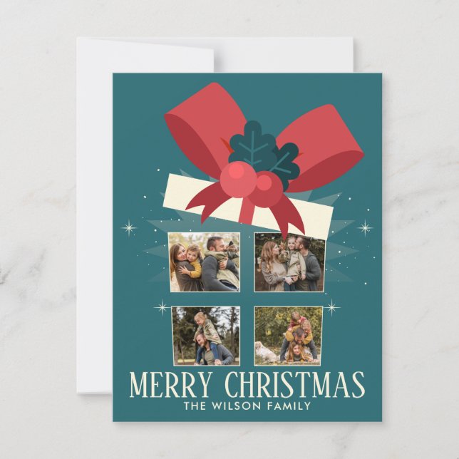 Tarjeta Festiva Elegante Merry Christmas Gift Box Four Family Phot (Anverso)
