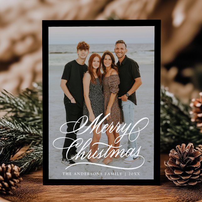 Tarjeta Festiva Elegante Merry Christmas Script Black Frame 2 Phot (Subido por el creador)