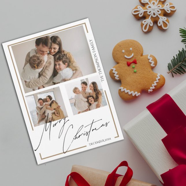 Tarjeta Festiva Elegante Merry Christmas Script Multi Photo (Elegant Merry Christmas Script Multi Photo Holiday Card)