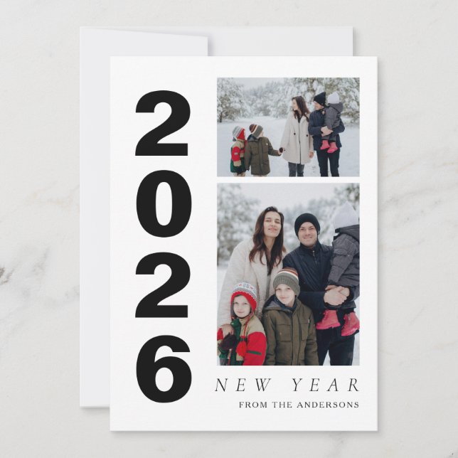 Tarjeta Festiva Elegante Mínimo Feliz Año Nuevo Familia 2 Foto (Anverso)