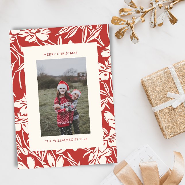 Tarjeta Festiva Elegante Moda Navidades botánicos de flores rojas  (Subido por el creador)