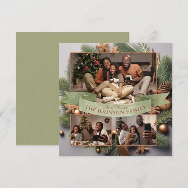 Tarjeta Festiva Elegante moderno 3 Navidades de la familia fotográ (Anverso / Reverso)
