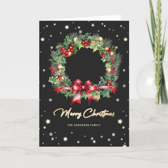 Tarjeta Festiva Elegante moderno Wreath Black Photo Merry Christma (Anverso)