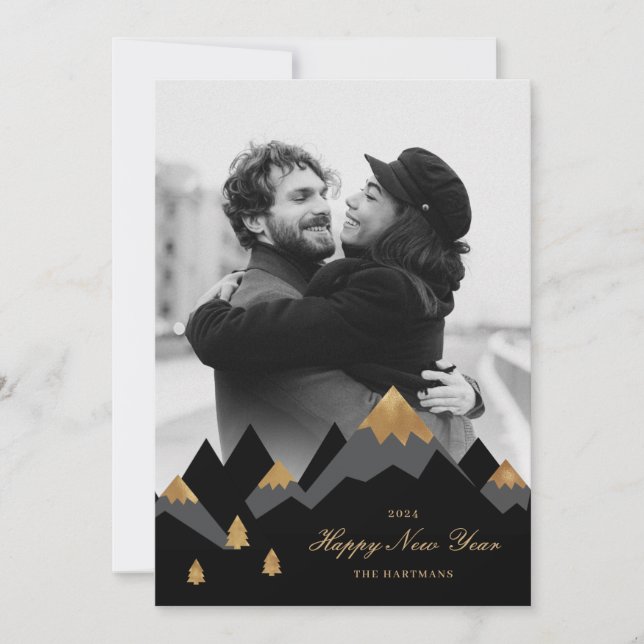 Tarjeta Festiva Elegante Montañas Negras de Oro Foto Año Nuevo (Anverso)