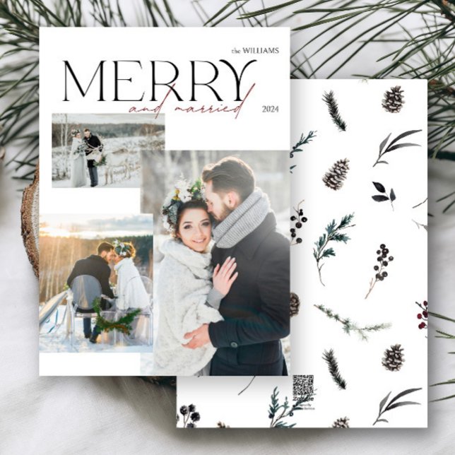 Tarjeta Festiva Elegante moro moderno y recién casados 3 foto (Merry & married! Celebrate your first holiday as newlyweds with this elegant photo card.)