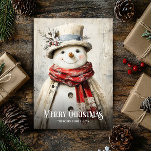 Tarjeta Festiva Elegante muñeco de nieve vintage en acuarela roja