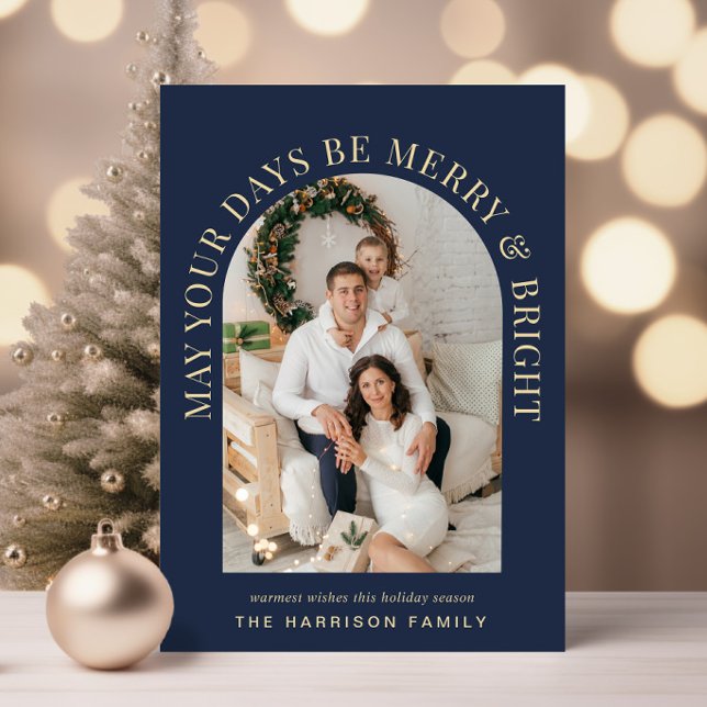 Tarjeta Festiva Elegante Navidades Arch Photo Merry Bright Blue (Share the love and warmth of the season with an elegant arch photo Christmas card)