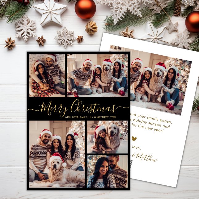 Tarjeta Festiva Elegante Navidades de Collage de fotos Black Gold  (Subido por el creador)