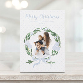 Tarjeta Festiva Elegante Navidades de foto de Blue Bow Garland Wre