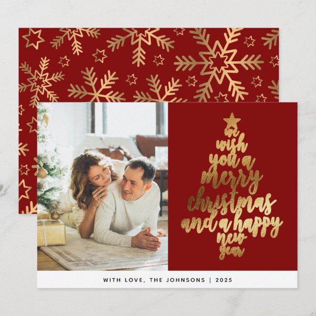 Tarjeta Festiva Elegante Navidades de fotografía de la familia Red (Anverso / Reverso)