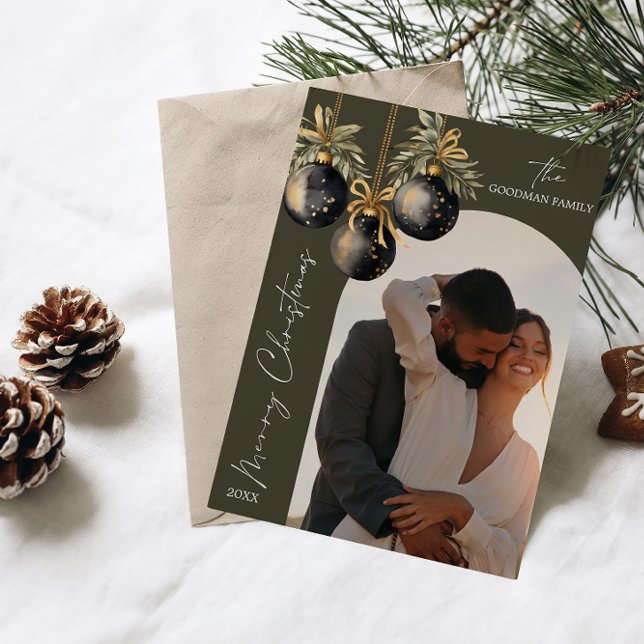 Tarjeta Festiva Elegante NAVIDADES de fotografía del arco de ornam (ELEGANT ARCH SHAPED PHOTO CARD WITH CALLIGRAPHY ACCENT MERRY CHRISTMAS FAMILY COUPLE NEWLY WED)