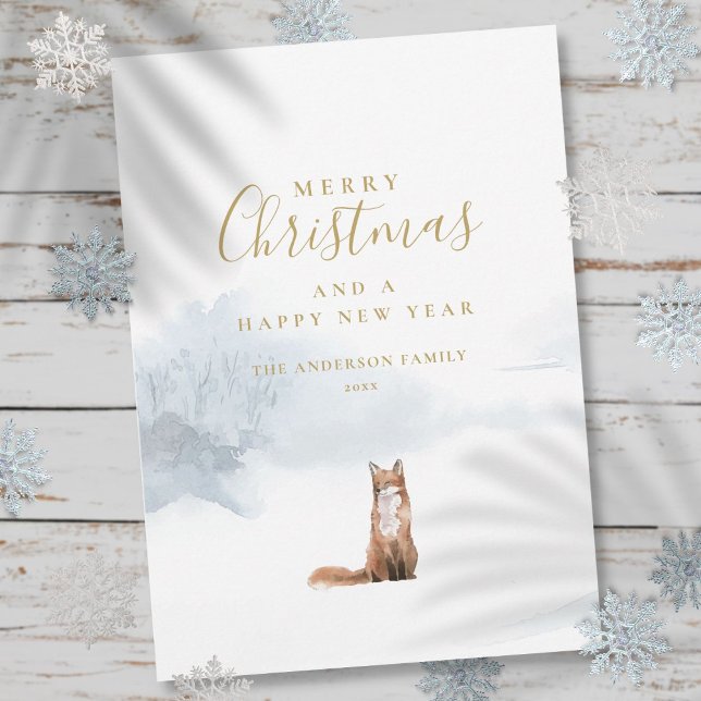 Tarjeta Festiva Elegante Navidades de guión dorado Fox de invierno (Elegant Gold Script Christmas Winter Fox Holiday Card)