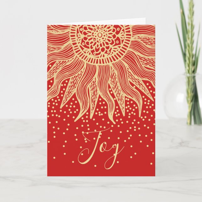 Tarjeta Festiva Elegante Navidades de Mandala del Boho de Oro Rojo (Anverso)