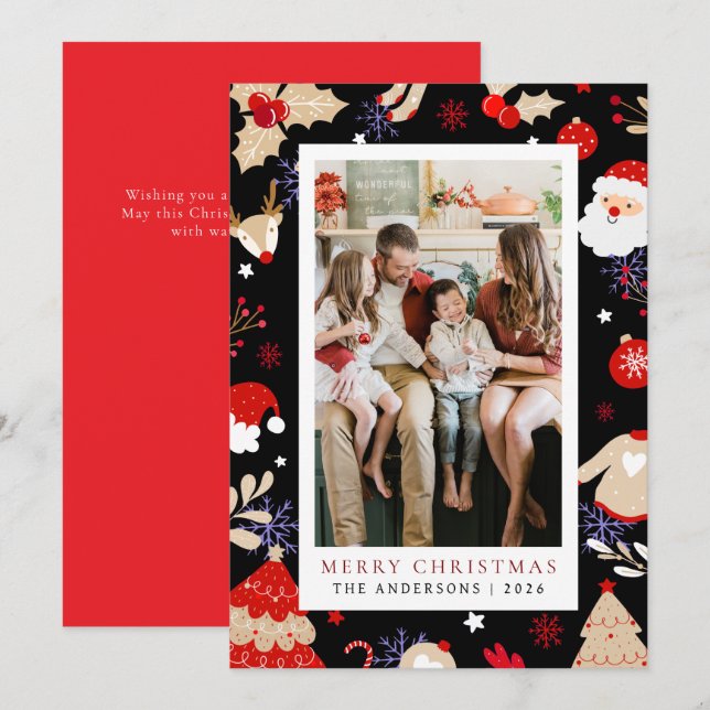 Tarjeta Festiva Elegante Navidades de marco simple familia 1 foto (Anverso / Reverso)