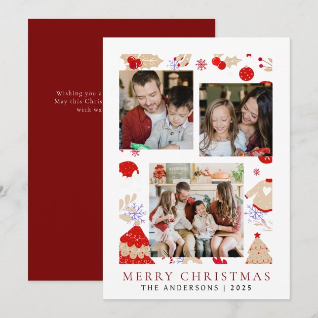 Tarjeta Festiva Elegante Navidades de marco simple Familia 3 Foto (Anverso / Reverso)