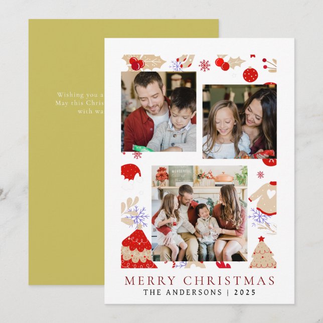 Tarjeta Festiva Elegante Navidades de marco simple Familia 3 Foto (Anverso / Reverso)