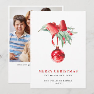 Tarjeta Festiva Elegante Navidades de Ornamento Rojo Saludando FOT