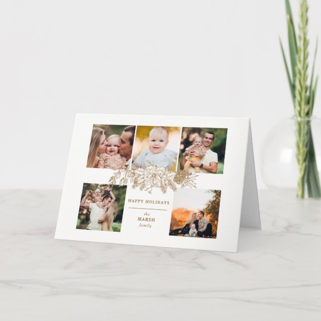 Tarjeta Festiva Elegante Navidades de oro grabado floral 5-Photo (Anverso)